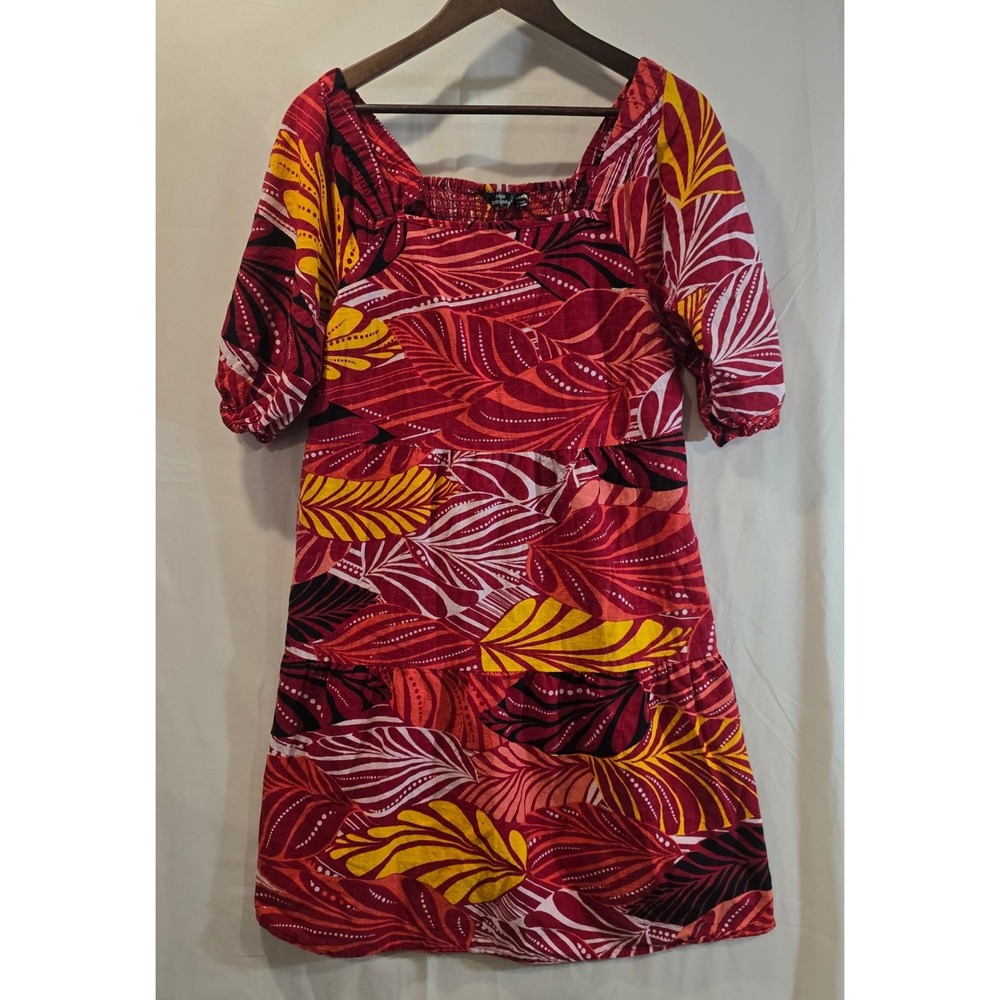 Mille Gabrielle Red Yellow Leaf Print Tiered Square Neck Puff‎ Sleeve Dress XL